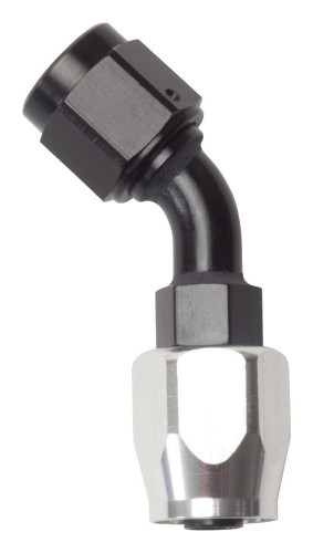 Russell 610093 Fitting, Hose End, Full Flow, 45 Degree, 6 AN Hose to 6 AN Female, Aluminum, Black / Silver Anodized, Each