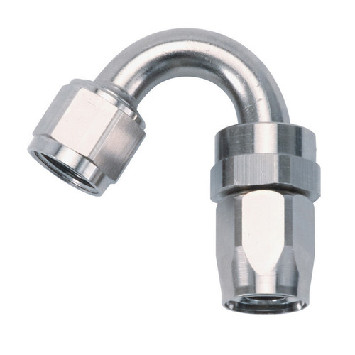 Russell 613451 Fitting, Hose End, Full Flow Swivel, 150 Degree, Tight Radius, 6 AN Hose to 6 AN Female Swivel, Aluminum, Nickel Anodized, Each