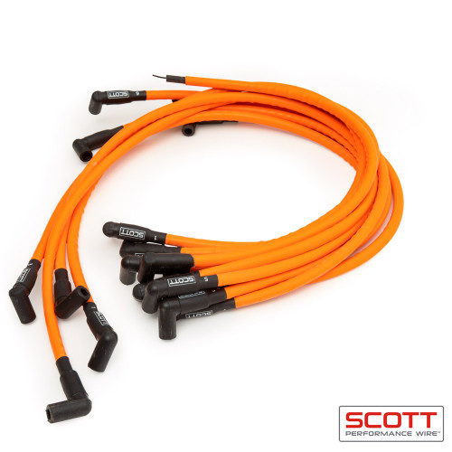 Scott Performance CH-402-5 Spark Plug Wire Set, High Performance, Spiral Core, 10 mm, Orange, 90 Degree Plug Boots, HEI Style, Over Headers, Small Block Chevy, Kit