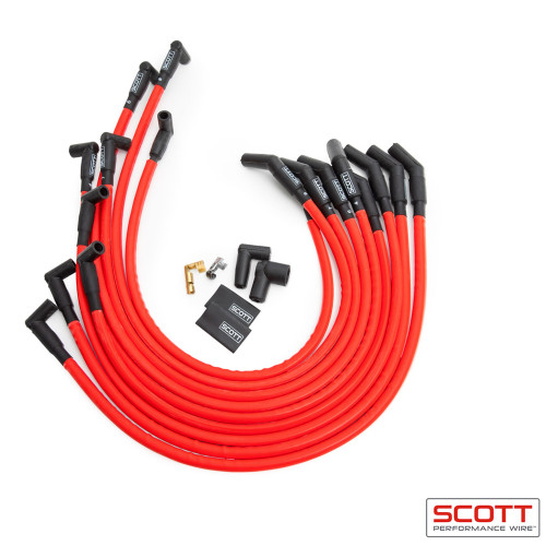 Scott Performance CH-415-2 Spark Plug Wire Set, High Performance, Spiral Core, 10 mm, Red, 90 Degree Plug Boots, HEI Style, Over Headers, Big Block Chevy, Kit