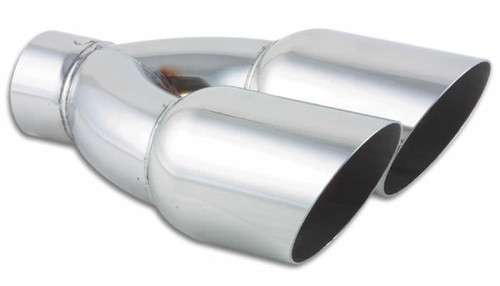 Vibrant Performance 1333 Exhaust Tip, Weld-On, 2-1/2 in Inlet, Dual 3-1/2 in Round Outlets, 10 in Long, Single Wall, Cut Edge, Angled Cut, Stainless, Polished, Each