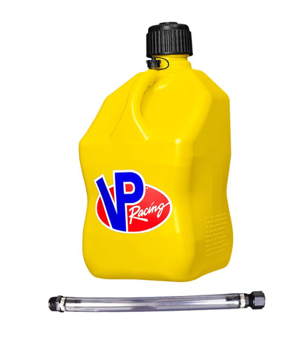 Vp Racing 3556-CA Utility Jug, 5.5 gal, 10-1/2 x 10-1/2 x 21-1/4 in Tall, O-Ring Seal Cap, Screw-On Vent, Filler Hose, Square, Plastic, Yellow, Each