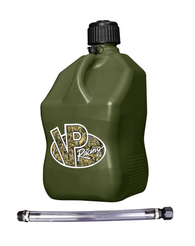 Vp Racing 3846-CA Utility Jug, 5.5 gal, 10-1/2 x 10-1/2 x 21-1/4 in Tall, O-Ring Seal Cap, Screw-On Vent, Filler Hose, Square, Plastic, Camo Green, Each
