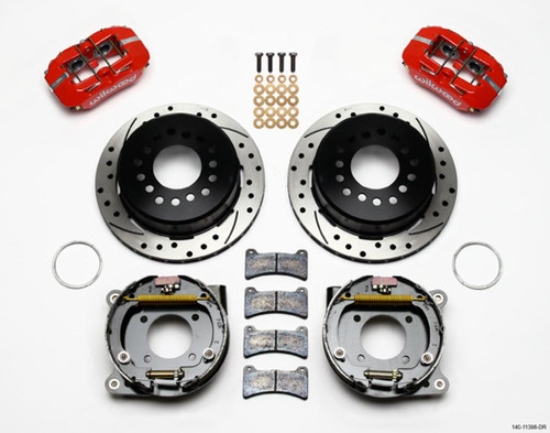 Wilwood 140-11398-DR Brake System, Dynapro, Rear, 4 Piston Caliper, 11.00 in Drilled / Slotted Rotor, Aluminum, Red Anodized, GM 12-Bolt, Kit