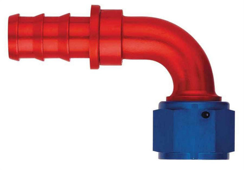 Aeroquip FBM1532 Fitting, Hose End, AQP Socketless, 90 Degree, 6 AN Hose Barb to 6 AN Female, Aluminum, Blue / Red Anodized, Each