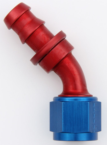 Aeroquip FCM1523 Fitting, Hose End, AQP Socketless, 45 Degree, 8 AN Hose Barb to 8 AN Female, Aluminum, Blue / Red Anodized, Each