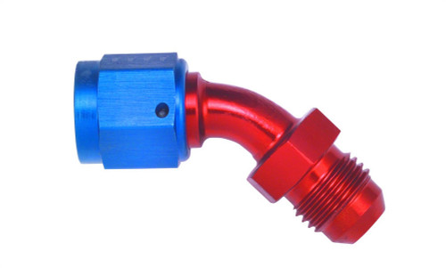 Aeroquip FCM3149 Fitting, Adapter, 45 Degree, 8 AN Female Swivel to 8 AN Male, Aluminum, Blue / Red Anodized, Each