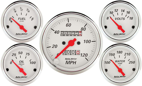 Autometer 1300 Gauge Kit, Arctic White, Analog, Fuel Level / Oil Pressure / Speedometer / Voltmeter / Water Temperature, 3-3/8 in / 2-1/16 in Diameter, White Face, Kit