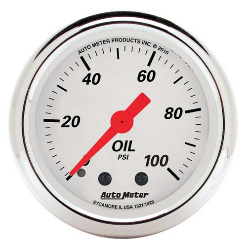 Autometer 1321 Oil Pressure Gauge, Artic White, 0-100 psi, Mechanical, Analog, Full Sweep, 2-1/16 in Diameter, White Face, Each
