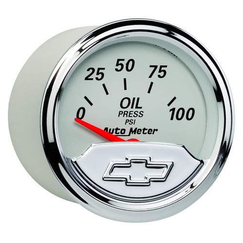 Autometer 1327-00408 Oil Pressure Gauge, Chevrolet Heritage, 0-100 psi, Electric, Analog, Short Sweep, 2-1/16 in Diameter, Chrome Chevy Bowtie Logo, White Face, Each