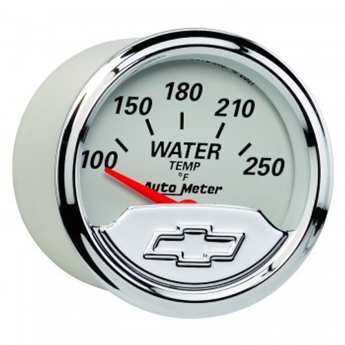 Autometer 1337-00408 Water Temperature Gauge, Chevrolet Heritage Bowtie, 100-250 Degree F, Electric, Analog, Short Sweep, 2-1/16 in Diameter, Chrome Chevy Bowtie Logo, White Face, Each