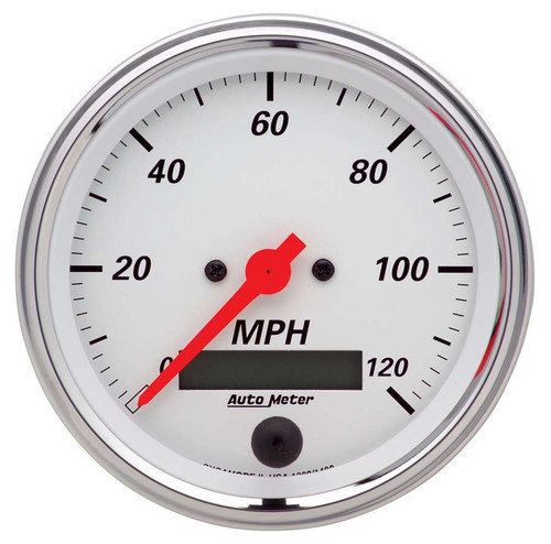 Autometer 1380 Speedometer, Arctic White, 120 MPH, Electric, Analog, 3-3/8 in Diameter, Programmable, White Face, Each