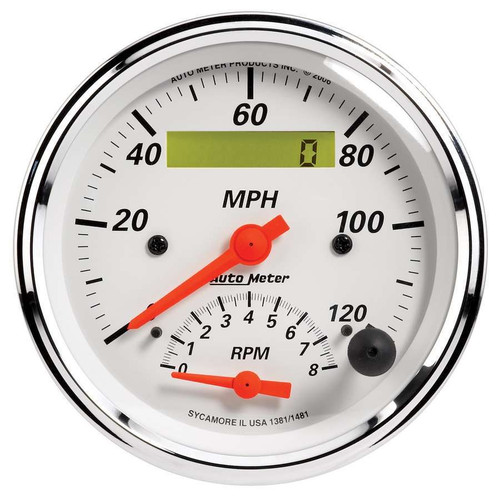 Autometer 1381 Combination Gauge, Arctic White, Analog, Speedometer / Tachometer, 3-3/8 in Diameter, White Face, Each