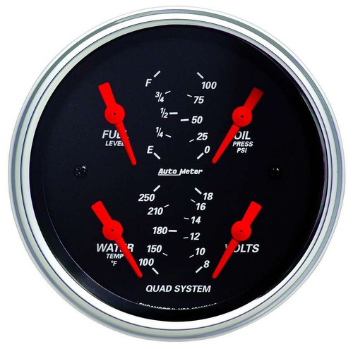 Autometer 1412 Combination Gauge, Designer Black, Quad, Analog, Fuel Level / Oil Pressure / Voltmeter / Water Temperature, 3-3/8 in Diameter, Black Face, Each
