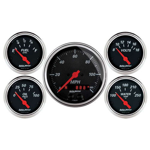 Autometer 1450 Gauge Kit, Designer Black, Analog, Fuel Level / Oil Pressure / Speedometer / Voltmeter / Water Temperature, 3-3/8 in / 2-1/16 in Diameter, Black Face, Kit