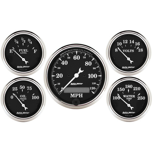 Autometer 1709 Gauge Kit, Old Tyme Black, Analog, Fuel Level / Oil Pressure / Speedometer / Voltmeter / Water Temperature, 3-3/8 in / 2-1/16 in Diameter, Black Face, Kit