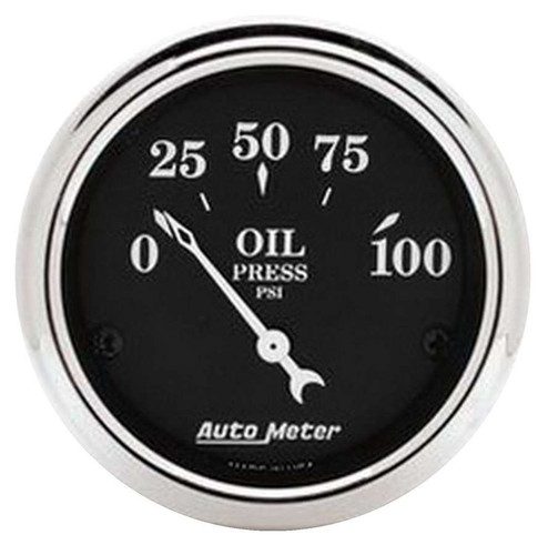 Autometer 1727 Oil Pressure Gauge, Old Tyme Black, 0-100 psi, Electric, Analog, Short Sweep, 2-1/16 in Diameter, Black Face, Each