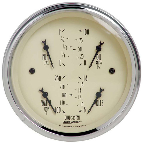 Autometer 1812 Combination Gauge, Antique Beige, Analog, Quad, Fuel Level / Oil Pressure / Voltmeter / Water Temperature, 3-3/8 in Diameter, Beige Face, Each