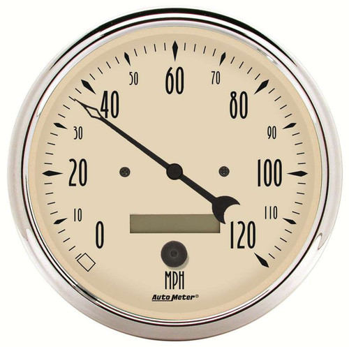 Autometer 1889 Speedometer, Antique Beige, 120 MPH, Electric, Analog, 5 in Diameter, Programmable, Beige Face, Each