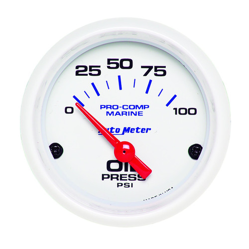 Autometer 200758 Oil Pressure Gauge, Air-Core Marine White, 0-100 psi, Electric, Analog, Short Sweep, 2-1/16 in Diameter, White Face, Each