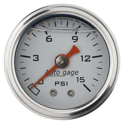 Autometer 2175 Pressure Gauge, Auto Gage, 0-15 psi, Mechanical, Analog, 1-1/2 in Diameter, Liquid Filled, 1/8 in NPT Port, White Face, Each