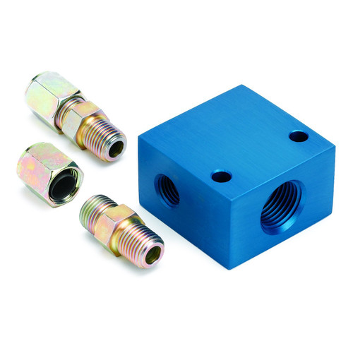 Autometer 2286 Temperature Manifold, 1/4 in NPT Inlet / Outlet, 1/2 in NPT Gauge Port, 1/4 in Mounting Holes, Two 3/8 in Compression Fittings, Aluminum, Blue Anodized, Kit