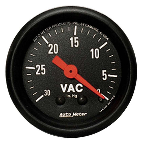 Autometer 2610 Vacuum Gauge, Z-Series, 0-30 in HG, Mechanical, Analog, 2-1/16 in Diameter, Black Face, Each