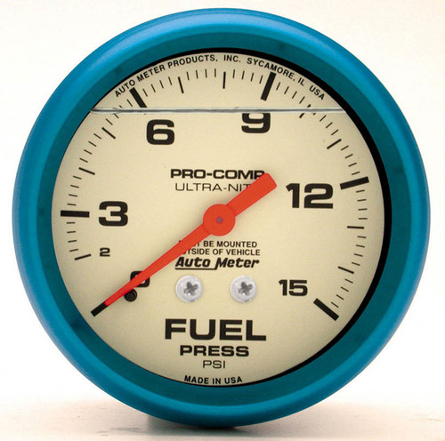 Autometer 4211 Fuel Pressure Gauge, Ultra-Nite, 0-15 psi, Mechanical, Analog, Full Sweep, 2-5/8 in Diameter, Liquid Filled, White Face, Each