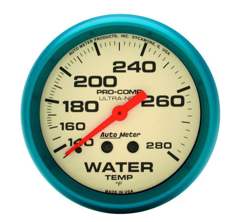 Autometer 4531 Water Temperature Gauge, Ultra-Nite, 140-280 Degree F, Mechanical, Analog, Full Sweep, 2-5/8 in Diameter, White Face, Each