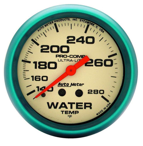 Autometer 4535 Water Temperature Gauge, Ultra-Nite, 140-280 Degree F, Mechanical, Analog, Full Sweep, 2-5/8 in Diameter, White Face, Each