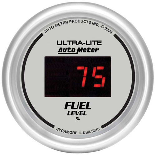 Autometer 6510 Fuel Level Gauge, Ultra-Lite, 0-280 ohm, Electric, Digital, 2-1/16 in Diameter, Programmable, Silver Face, Each