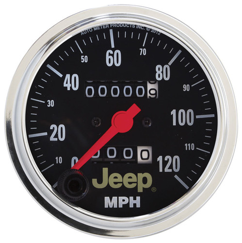 Autometer 880245 Speedometer, Jeep, 120 MPH, Mechanical, Analog, 3-3/8 in Diameter, Programmable, Jeep Logo, Black Face, Each