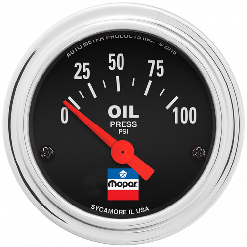 Autometer 880786 Oil Pressure Gauge, Mopar Classic, 0-100 psi, Electric, Analog, Short Sweep, 2-1/16 in Diameter, Black Face, Each