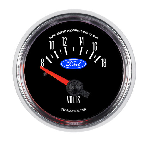 Autometer 880823 Voltmeter, Ford, 8-18V, Electric, Analog, Short Sweep, 2-1/16 in Diameter, Ford Logo, Black Face, Each