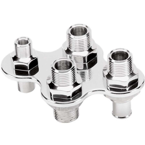 Billet Specialties 66925 Bulkhead Plate, AC and Heater, 4 Port, Two 5/8 in Hose Barb to 10 AN Male, One 10 AN Male, One 6 AN Male, Billet Aluminum, Polished, Each