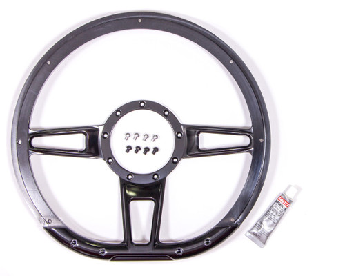 Billet Specialties BLK29409 Steering Wheel, Formula, 14 in Diameter, D-Shaped, 2 in Dish, 3-Spoke, Milled Finger Notches, Billet Aluminum, Black Anodized, Each