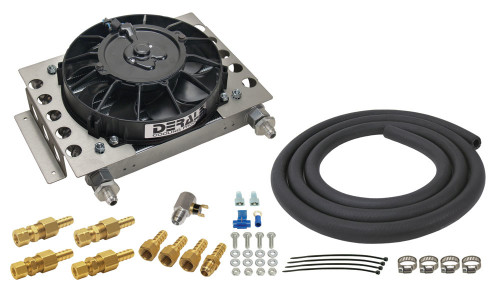 Derale 13950 Fluid Cooler and Fan, 12.750 x 9.375 x 4.313 in, Plate and Fin Type, 5/8-18 in Female O-Ring Inlet / Outlet, 6 AN Male Adapters, Fittings / Hardware / Hose, Aluminum, Black Powder Coat, Auto Trans, Kit