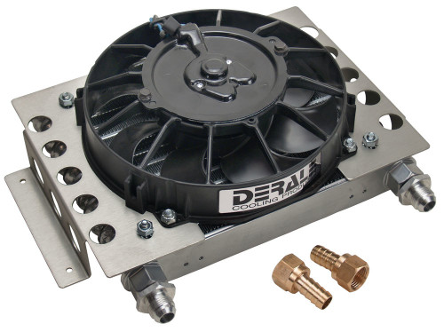 Derale 15850 Fluid Cooler and Fan, 12.750 x 9.375 x 4.313 in, Plate and Fin Type, 5/8-18 in Female O-Ring Inlet / Outlet, 8 AN Male Adapters, Fittings, Aluminum, Black Powder Coat, Universal, Each