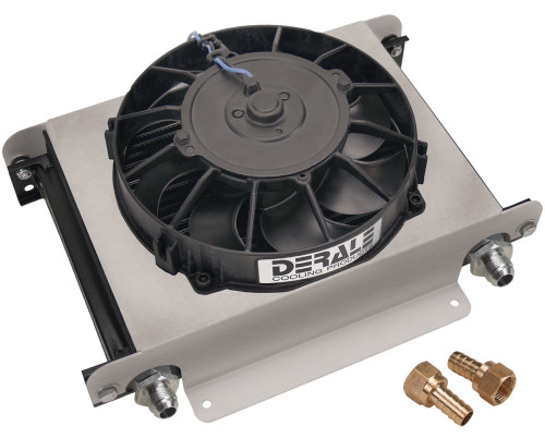 Derale 15860 Fluid Cooler and Fan, 13 x 10 x 5.625 in, Plate Type, 10 AN Female O-Ring Inlet / Outlet, 8 AN Male Adapters, Fittings, Aluminum, Black Powder Coat, Universal, Each