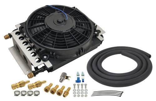 Derale 15900 Fluid Cooler and Fan, 15.750 x 11.500 x 5 in, Tube Type, 8 AN Male Inlet / Outlet, Fittings, Aluminum, Black Powder Coat, Auto Trans, Kit