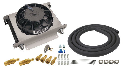 Derale 15960 Fluid Cooler and Fan, 13 x 10 x 5.625 in, Plate Type, 10 AN Female O-Ring Inlet / Outlet, 8 AN Male Adapters, Fittings / Hardware / Hose, Aluminum, Black Powder Coat, Auto Trans, Kit