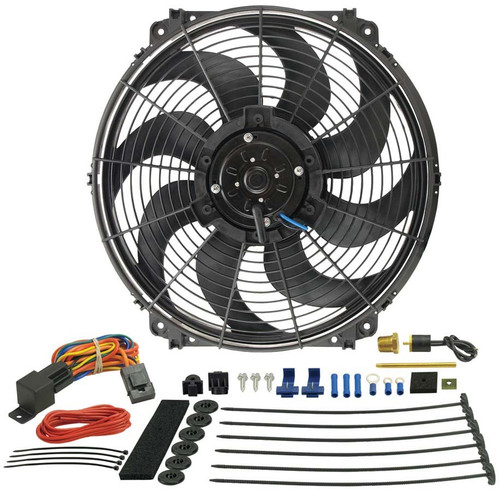 Derale 16016 Electric Cooling Fan, Tornado, 16 in Fan, Pull / Pusher, 2175 CFM, 12V, Curved Blade, 16-3/4 x 15-1/2 in, 3-7/8 in Thick, Install Kit, Plastic, Kit