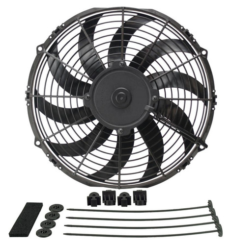 Derale 16112 Electric Cooling Fan, High Output, 12 in Fan, Puller, 1328 CFM, 12V, Curved Blade, 13-3/16 x 12-1/2 in, 2-1/2 in Thick, Install Kit, Plastic, Kit