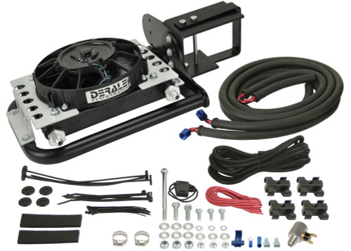 Derale 20561 Fluid Cooler and Fan, Direct Fit, 13.250 x 10.750 x 5.500 in, Plate and Fin 5/8-18 Female Inlet / Outlet, 6 AN Male Adapters, Bracket / Hardware / Hoses, Aluminum, Black Powder Coat, Jeep Wrangler TJ / YJ 1987-2006, Kit