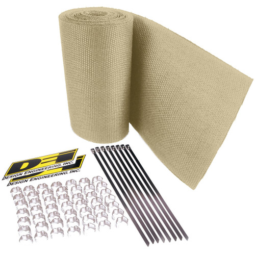 Design Engineering 10114 Exhaust Wrap, Speed Sleeves, 8 in Wide, 12 ft Roll, Chrome Clips / Locking Ties Included, Woven Fiberglass, Tan, Each