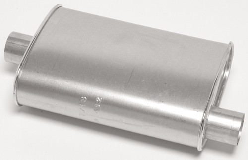 Dynomax 17713 Muffler, Thrush Turbo, 2-1/4 in Offset Inlet, 2-1/4 in Center Outlet, 14 x 4-1/4 x 9-3/4 in Oval, 18-1/2 in Long, Steel, Aluminized, Universal, Each