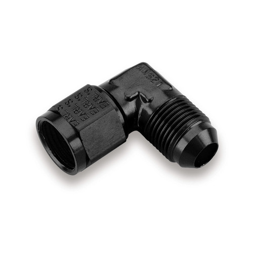 Earls AT921103ERL Fitting, Adapter, 90 Degree, 3 AN Female Swivel to 3 AN Male, Aluminum, Black Anodized, Each