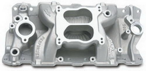 Edelbrock 2601 Intake Manifold, Performer Air-Gap, Spread / Square Bore, Dual Plane, Aluminum, Natural, Small Block Chevy, Each