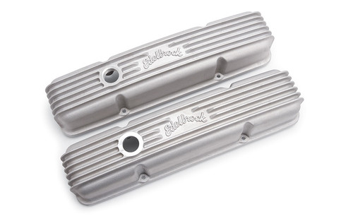 Edelbrock 41449 Valve Cover, Classic, Tall, Breather Hole, Edelbrock Logo, Aluminum, Satin, Small Block Chevy, Pair