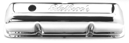 Edelbrock 4462 Valve Cover, Signature Series, Short, Baffled, Breather Hole, Grommets, Edelbrock Logo, Steel, Chrome, Ford FE-Series, Pair